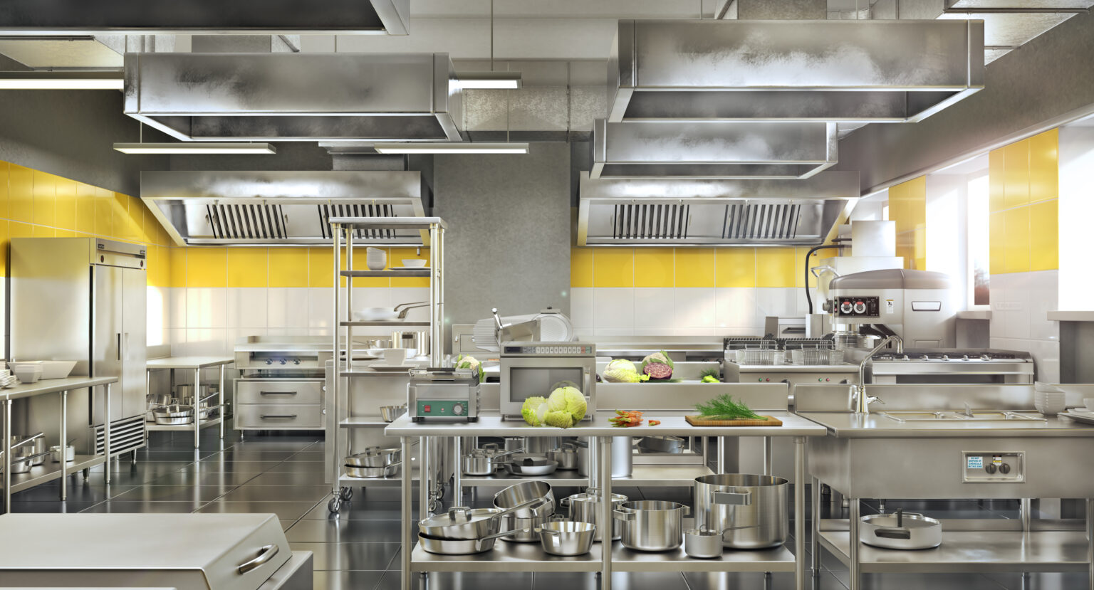 Restaurant equipment. Modern industrial kitchen. 3d illustration